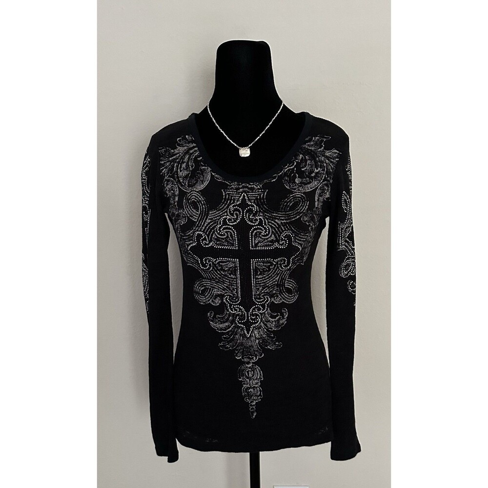 Vocal Apparel Black Rhinestone Cross Long Sleeve Shirt – Y2K Goth Style – Size S